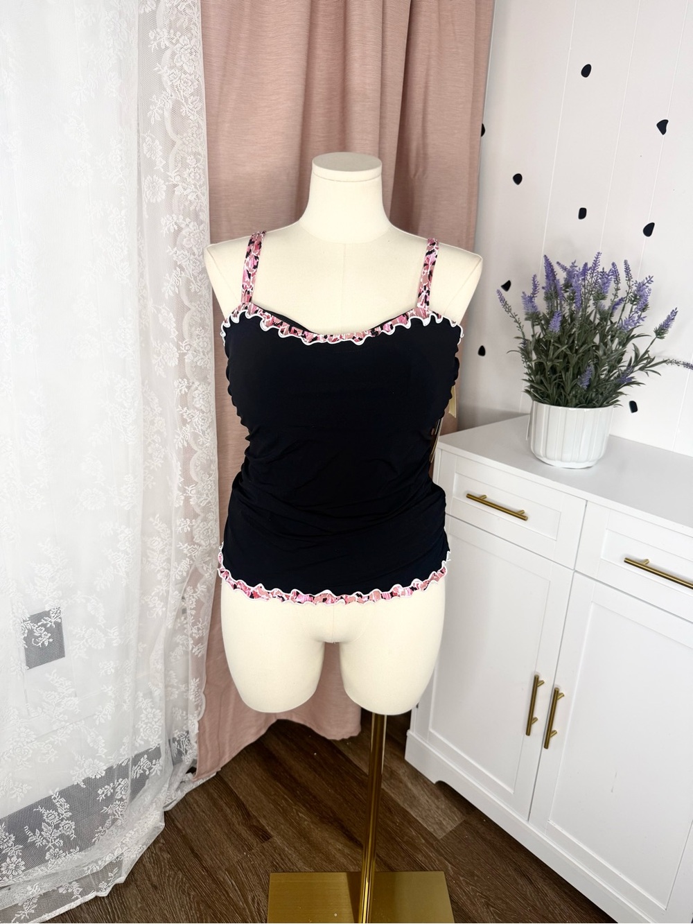 Gottex Black Tank Cami with Pink Floral Trim swim top BIN#16